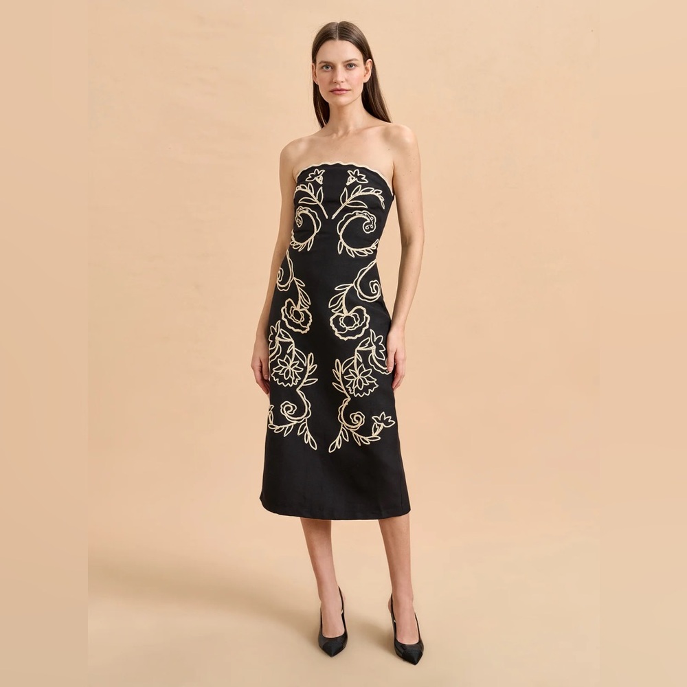 La Ligne Sophia Black Strapless Dress with‎ Floral Embroidery